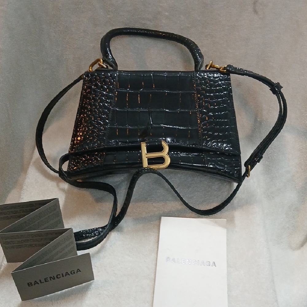 Balenciaga Black Croc-Embossed Crossbody Bag with Gold Hardware